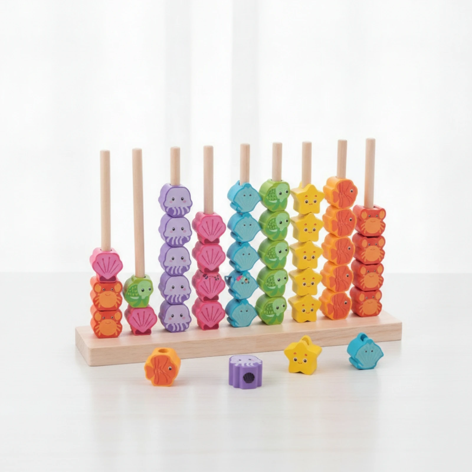 Bead Matching Game Ocean-Themed Wooden Peg Board Bead Game Wooden Peg Toy with Beads Natural Wood Sorting Board with Beads