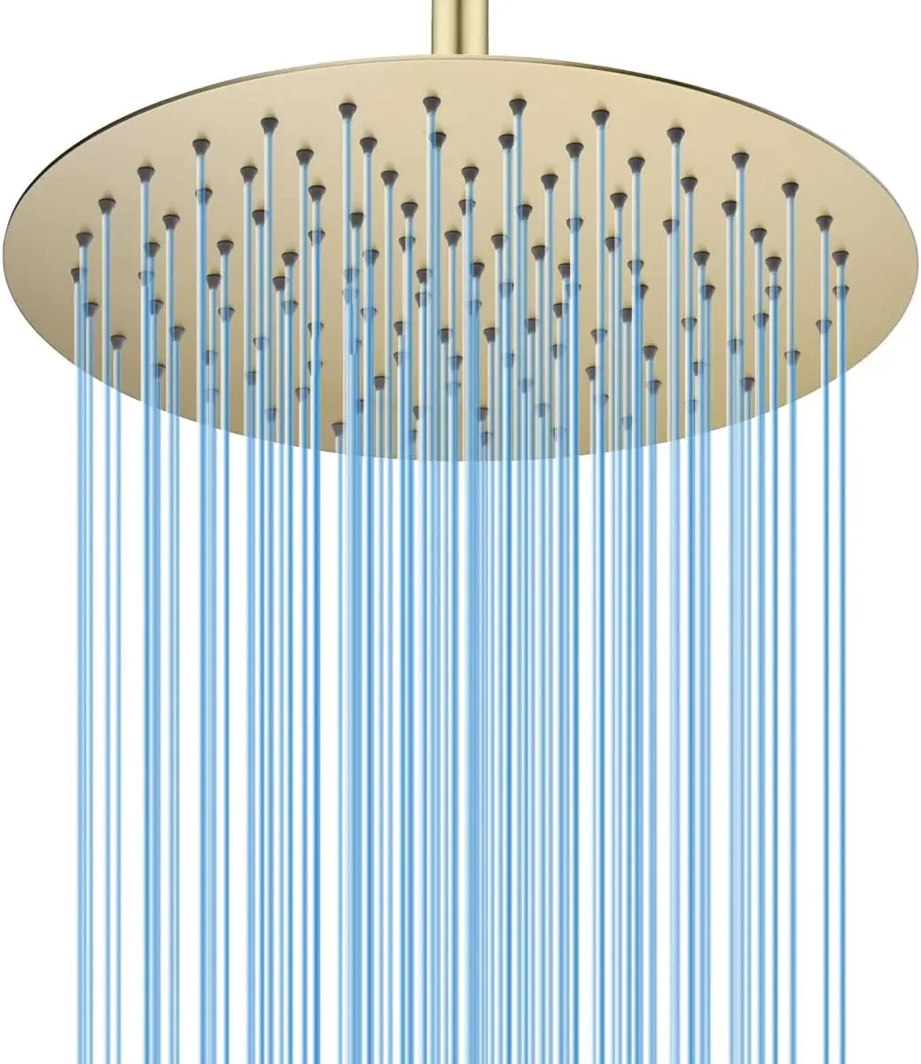 

12 Inch Round Rainfall Shower Head, High Pressure Ultra Thin Stainless Steel in Brushed Gold