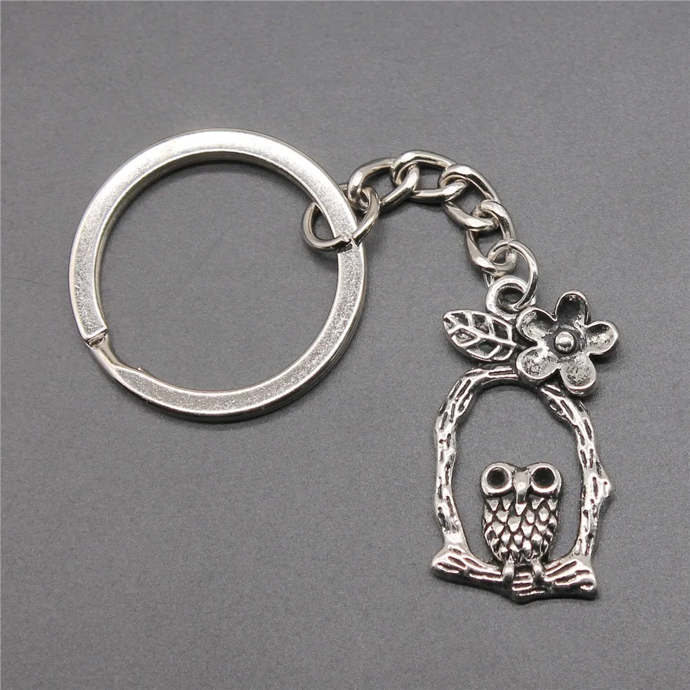 Souvenirs Gift DIY Metal Keychain Holder Antique Silver Color 17x31mm Cute Flower Owl Pendant Keyring view 2