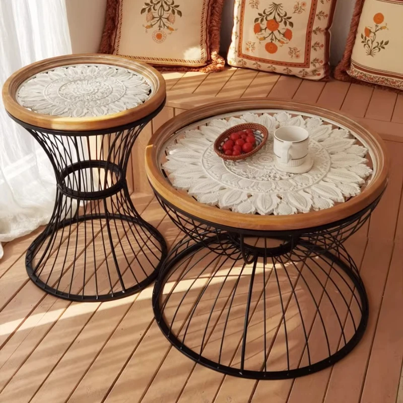 

Wrought iron corner table solid wood carving flower retro round small coffee