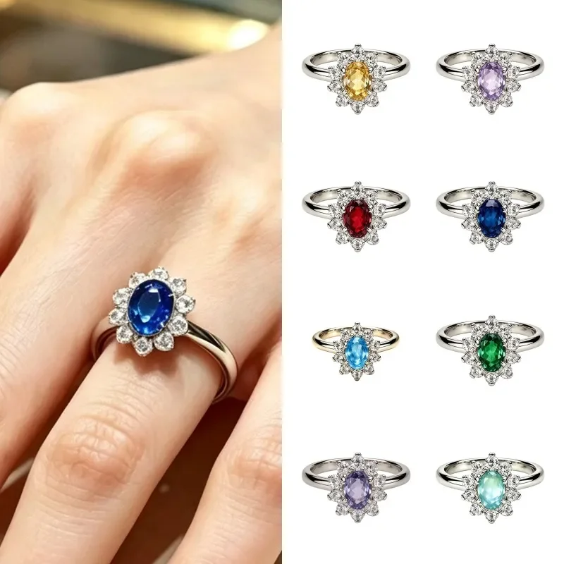 S925 silver natural colored treasure ring women's sapphire citrine sunflower inlaid jewelry Princess Diana cross-border hot
