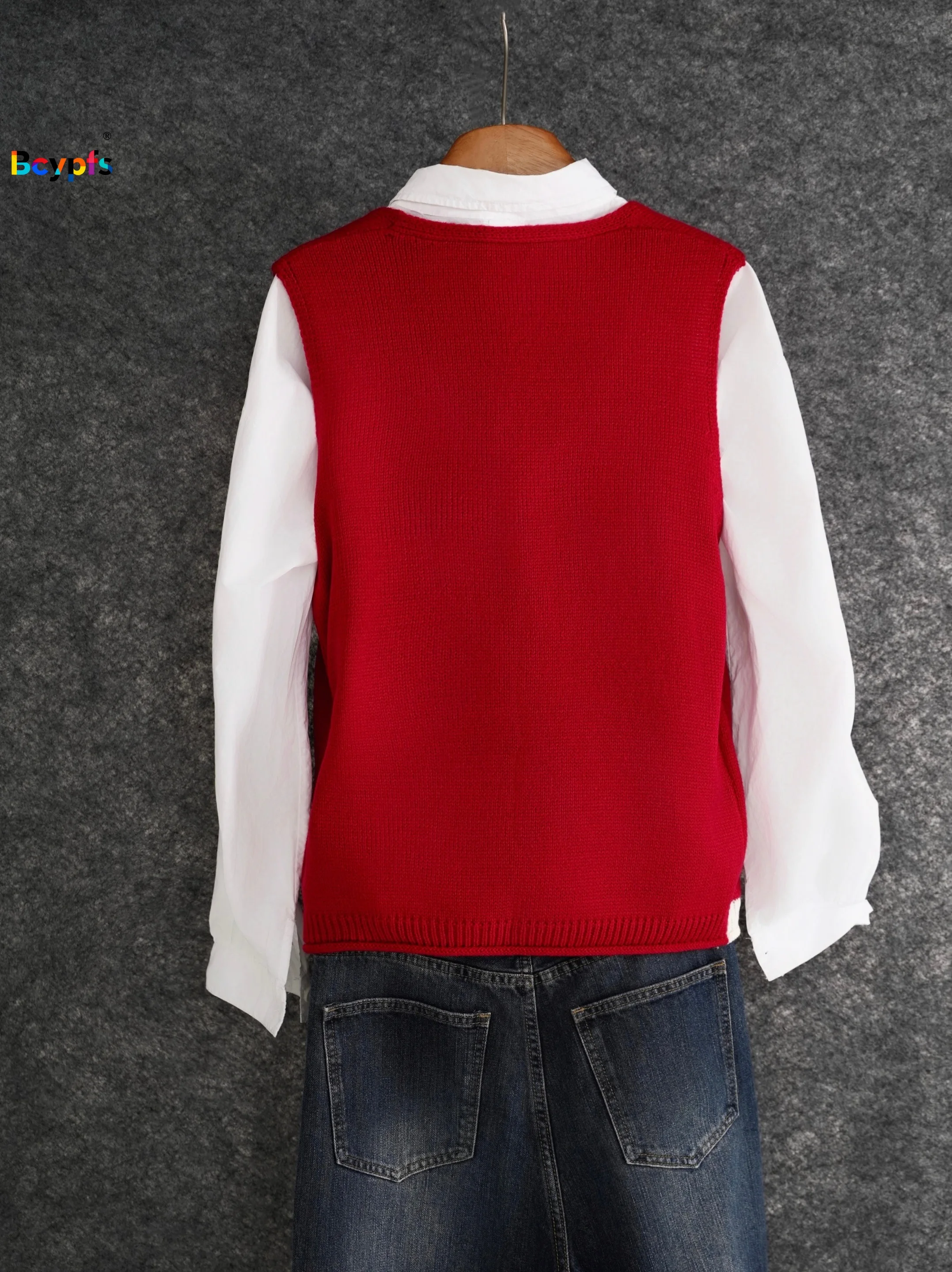 2026 New Women's Fake Two-Piece Red V-Neck Sweater Vest Striped Patch Loose Casual Street Style Knitted Daily Office Tops