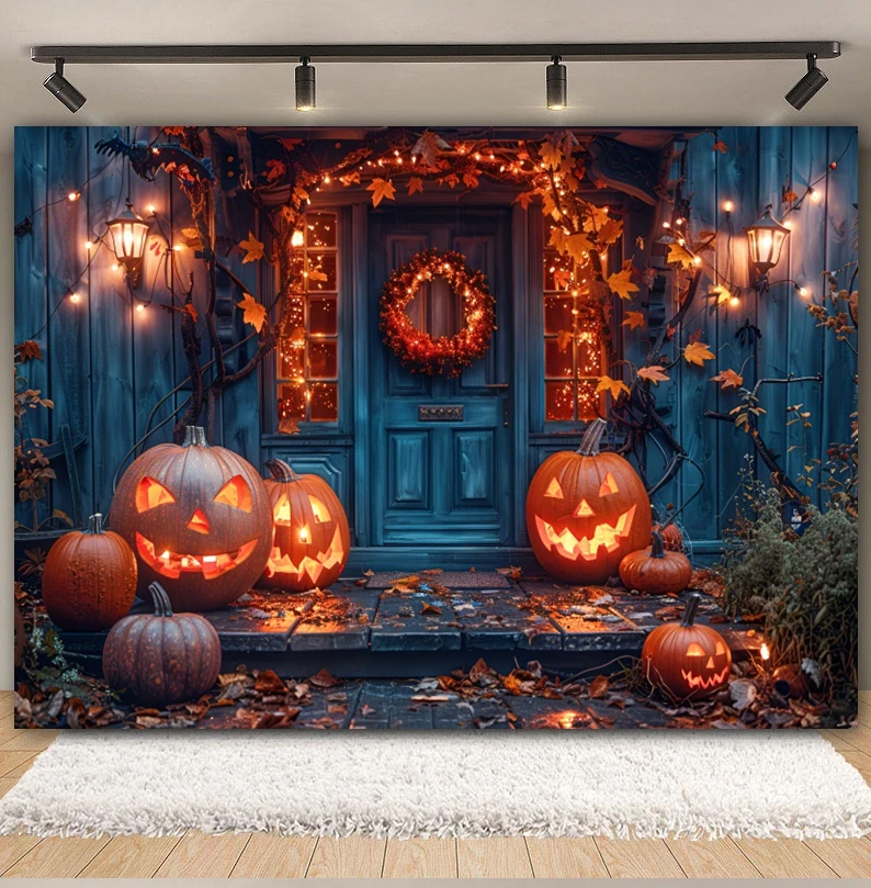 

Horror Halloween Party Backdrop Pumpkin Lights Wooden House Halloween Adults Kids Portrait Photography Background Photo Studio