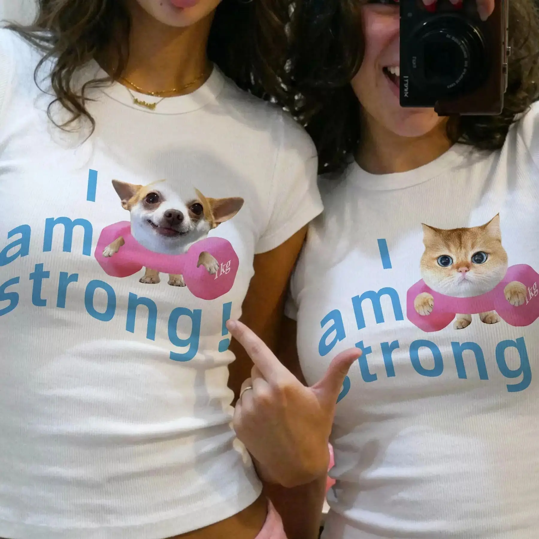 Sweet Skinny Crop Top Funny Pet Cat Dog Pink Dumbbell I Am Strong Print Ribbed Slim Cropped White Y2K Fitness Women Short Sleeve