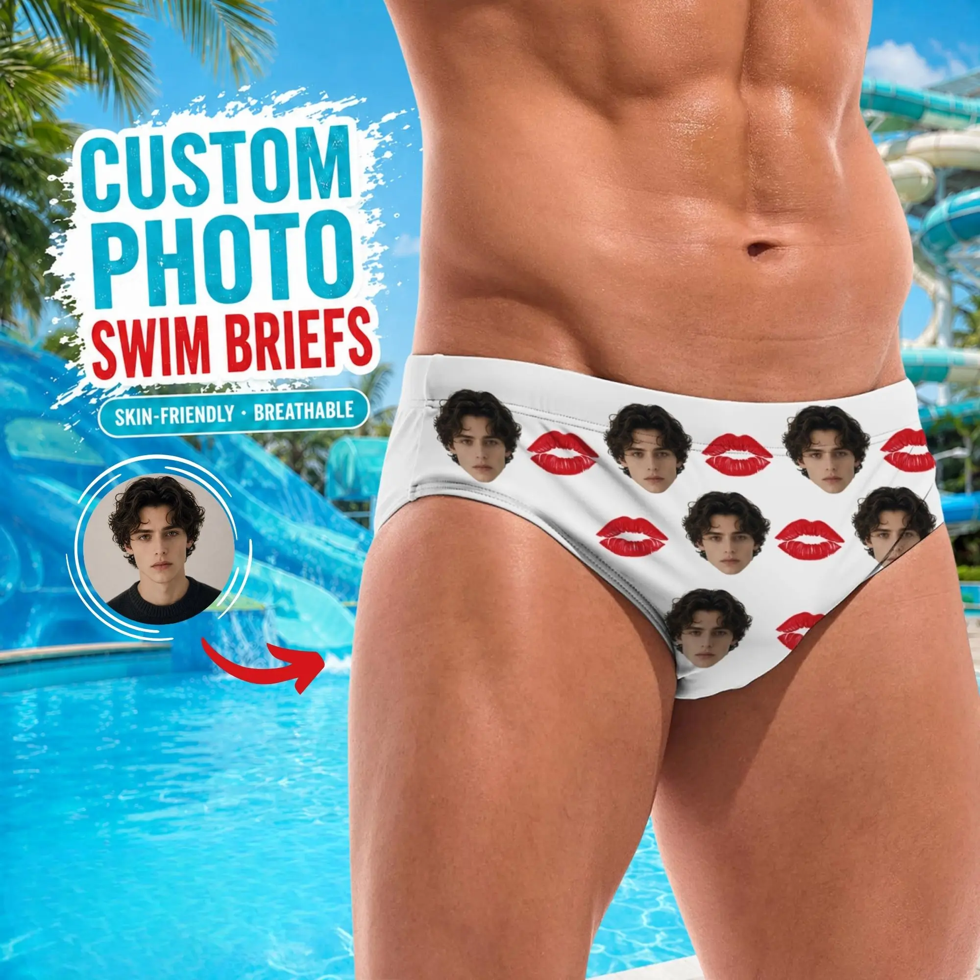 Personalized DIY Red Lips Photos Print Men's Swim Trunks Sports Custom Surf Short Soft Skin-friendly Sweet Couple Funny Gifts