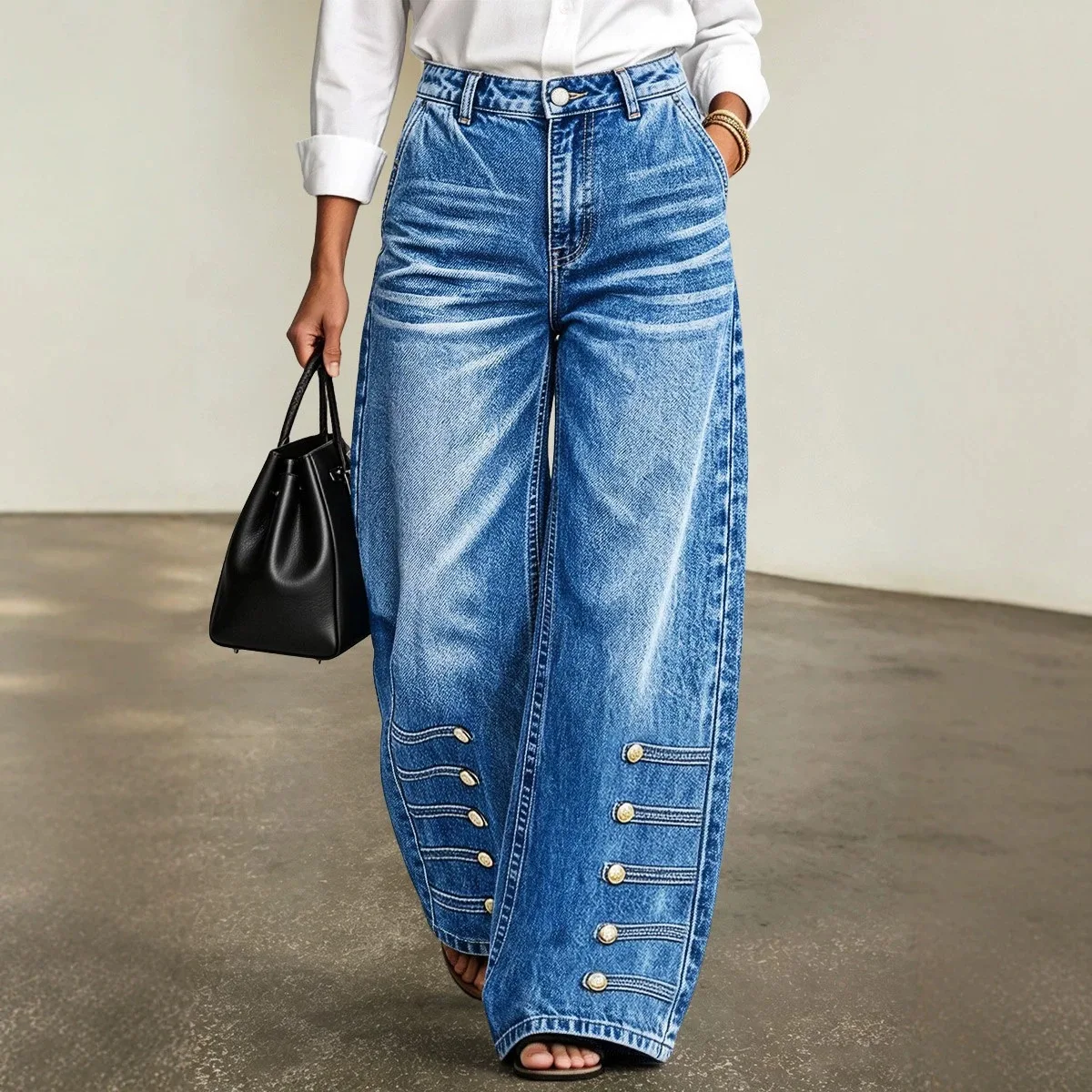 Women High Waist Wide Jeans Vintage Blue Washed Denim Pants Side Decor Gold Buttons Loose Fit Long Trousers Casual Streetwear