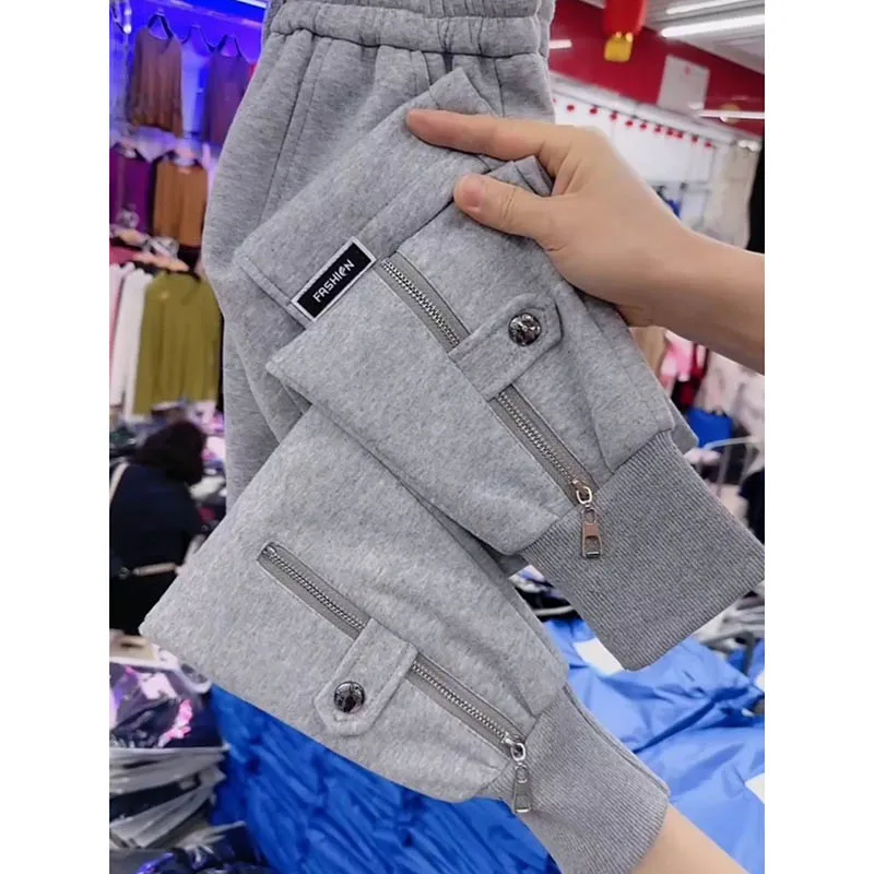 

Autumn Winter New Cashmere Warm Padded Fashion Joker Casua loose Pocket Pants Slim High Waist Solid Color Sports Martin Pants