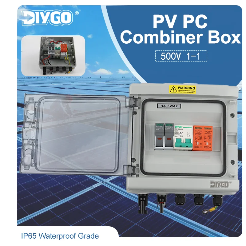 

Solar Photovoltaic PV Combiner Box 500V 1 Input 1 Output IP65 Dustproof Waterproof With MCB SPD DC Fuse Lightning Protection