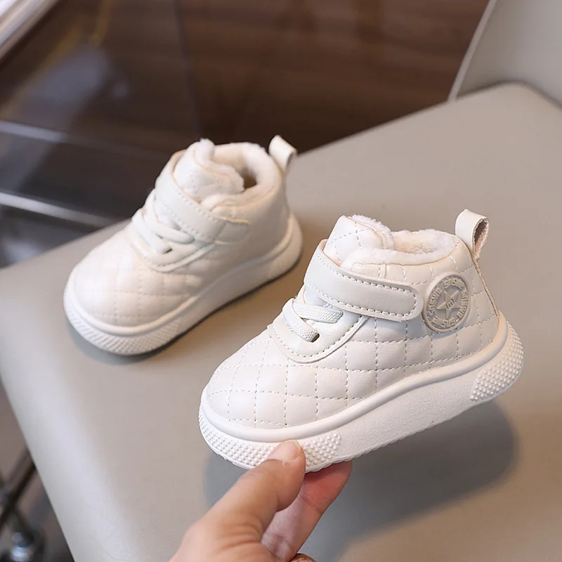 

Baby Winter Cotton Shoes Girls Keep Warm Antiskid Add Velvet Boys Soft Soled Snow Boots Neutral Velcro Round Toe Solid Color