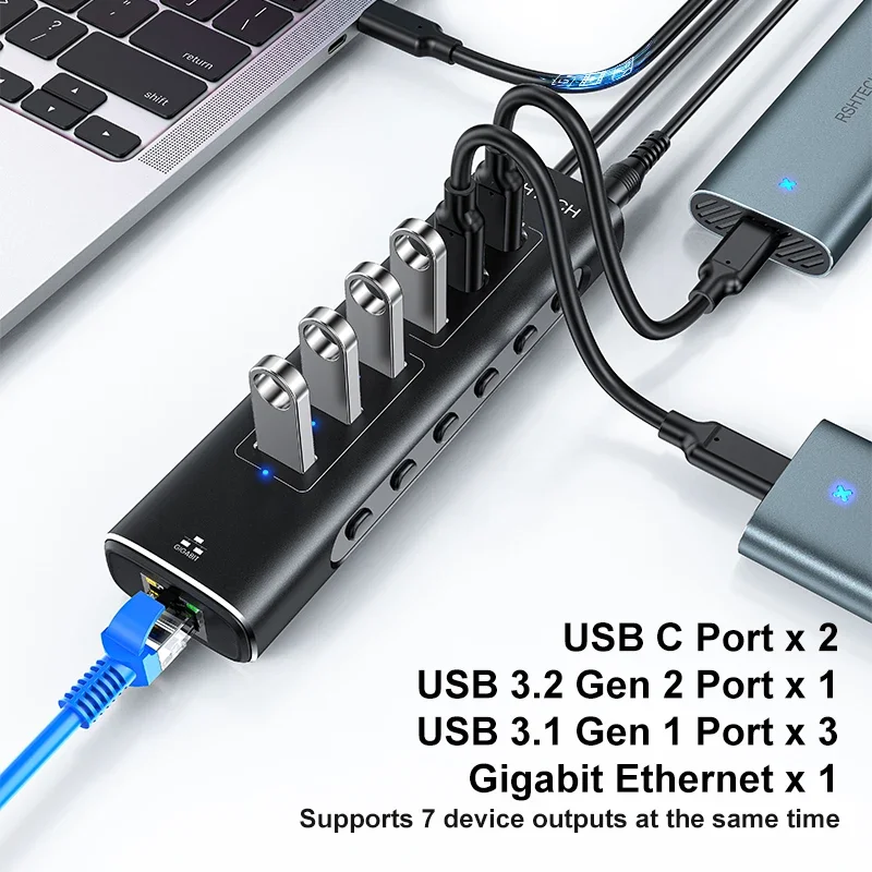 RSHTECH USB Ethernet Hub 7-IN-1 10Gbps Tipo C Splitter RJ45 Gigabit Lan Adattatore di rete Espansore multiporta per laptop MacBook PC