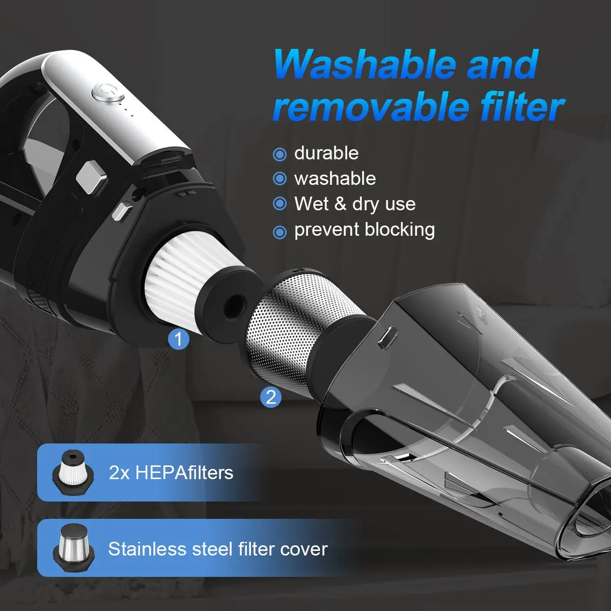 Беспроводной автомобильный пылесос 10000 ПА со встроенным фотофильтром, беспроводной портативный ручной пылесос 150 Вт, Мощное всасывание, домашний автомобильный пылесос