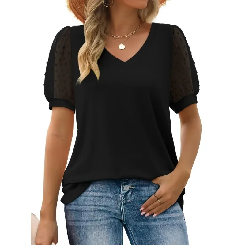 

Plus Size 1XL-5XL New Women's Casual Short Sleeve Bubble Sleeve T-Shirt V-Neck Women's Top Multi-Color Casual Women Blouse