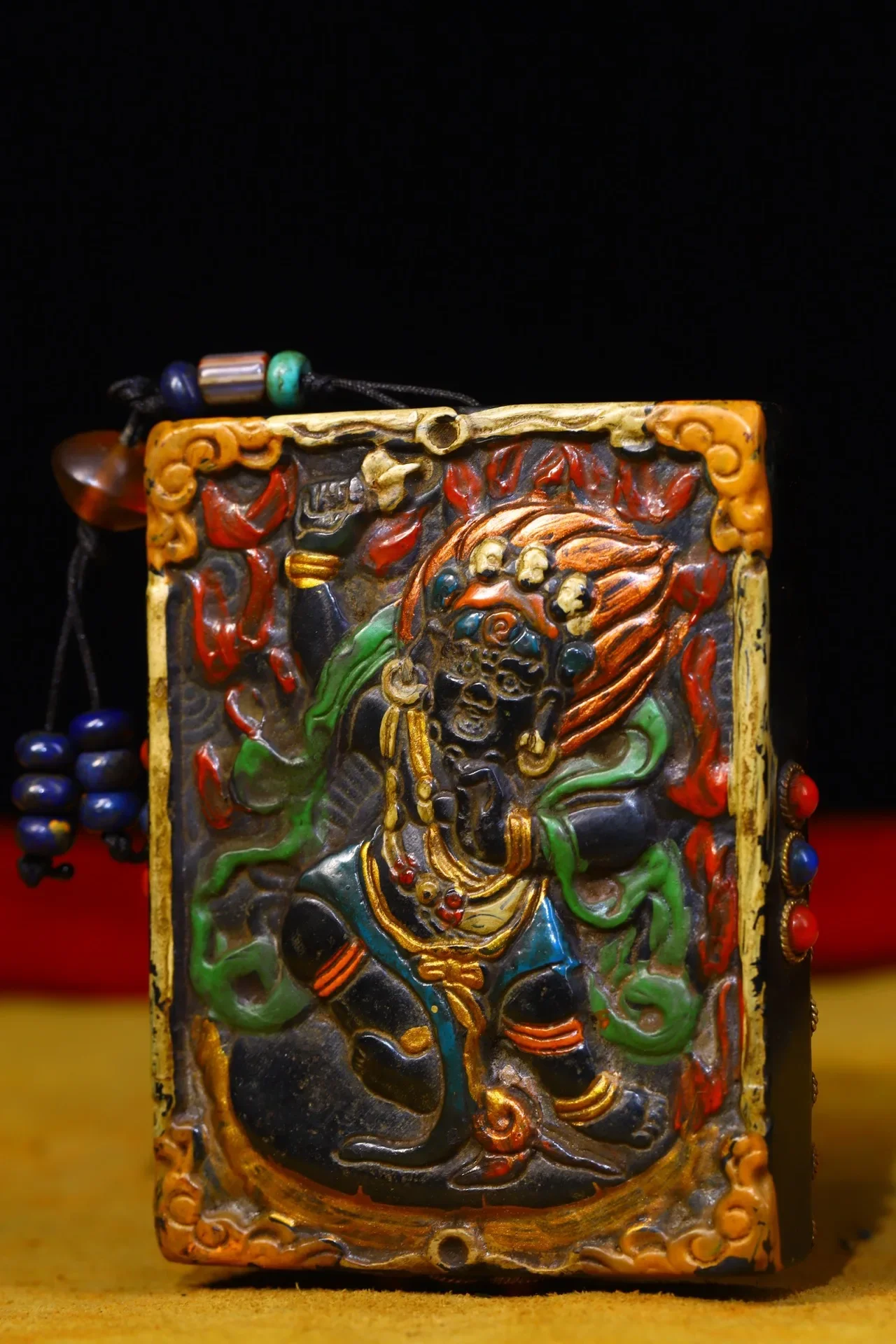 

3"Tibetan Temple Collection Old Natural Meteorite Painted Filigree Mosaic Gem Vajra Bodhisattva Buddha Pendant amulet Exorcism