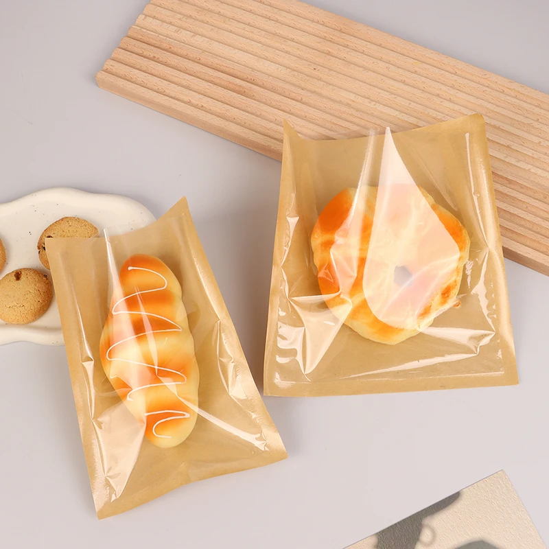 10Pcs Disposable Kraft Paper With Window Bread Packaging Bags Oil-proof Breakfast Cookie Bread Supplies Party Food Bags