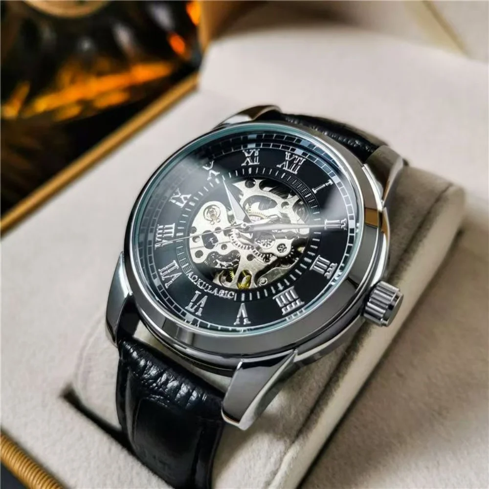 Elegant Men's Automatic Mechanical Watch with Skeleton Design - Leather Strap, Roman Numeral Dial, Automatic Movement, Perfect for Business and Casual Wear, Ideal Gift for Young Men, Business Casual Men's Watch | Skeleton Watch with Hollow Design | Durable Watch, Watch Accessories, No Battery view 5