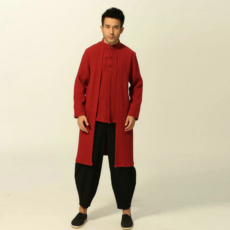 Casaco de trincheira aconchegante estilo chinês kungfu masculino, roupas de dupla camada, colarinho mandarim, casacos de algodão, azul, vermelho, preto, 2024