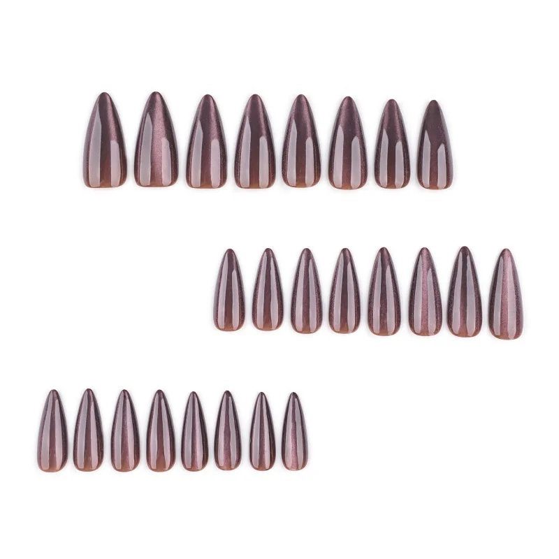 24Pcs False Nails Brown Solid Color Cat Eye Long Almond Shape Press-On Nail Tips Perfect Gift for Women and Friends