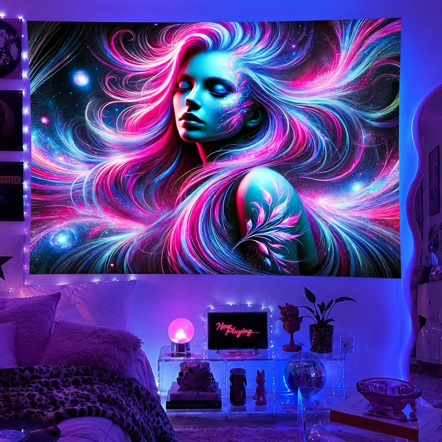 Cosmic Neon Woman Tapestry Wall Hanging Galaxy Abstract Psychedelic Boho Art Print Polyester Poster for Bedroom Living Room Deco