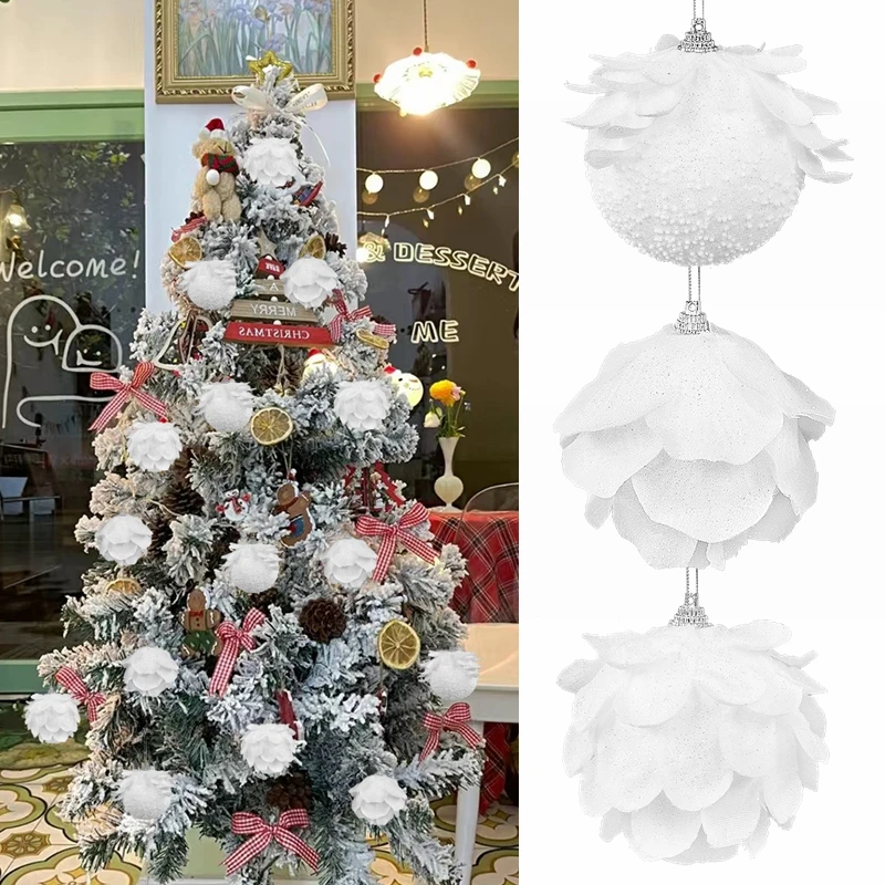 

3pcs Christmas Tree Ornaments White Glitter Petal Foam Snow Ball Xmas Balls Pendant Merry Christmas New Year Hanging Decorations