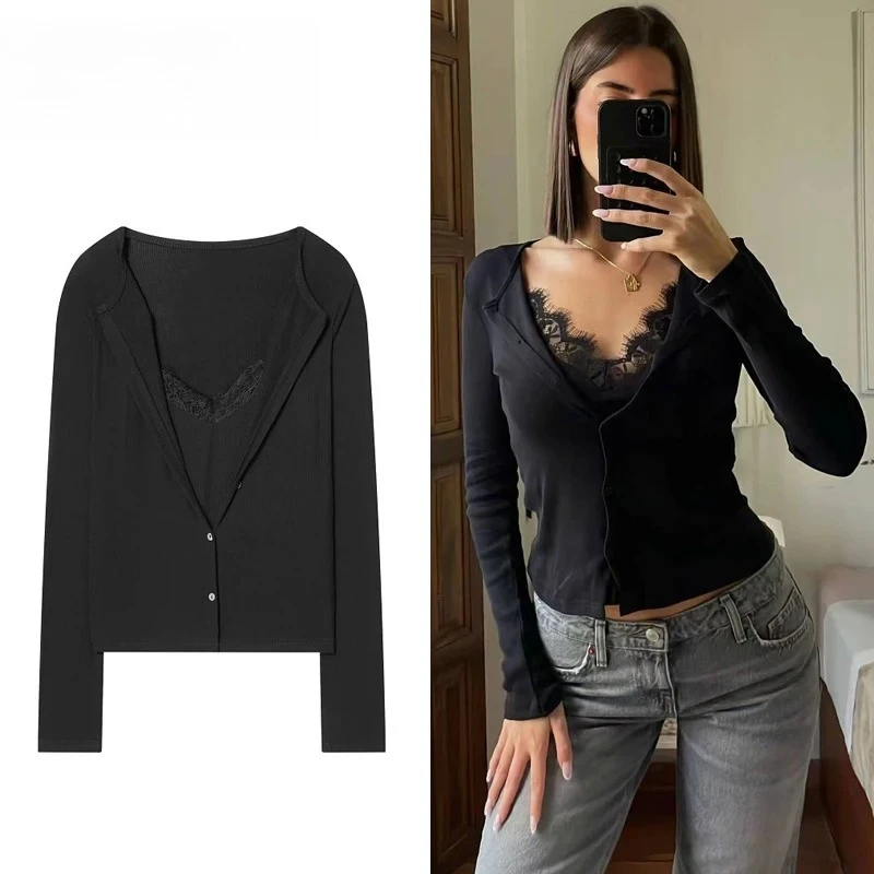 

ZOCI Lace Cropped Jackets for Women Black Knit Top Woman Sexy Button up Women's Coats Spring New in Coats and Jackets Women