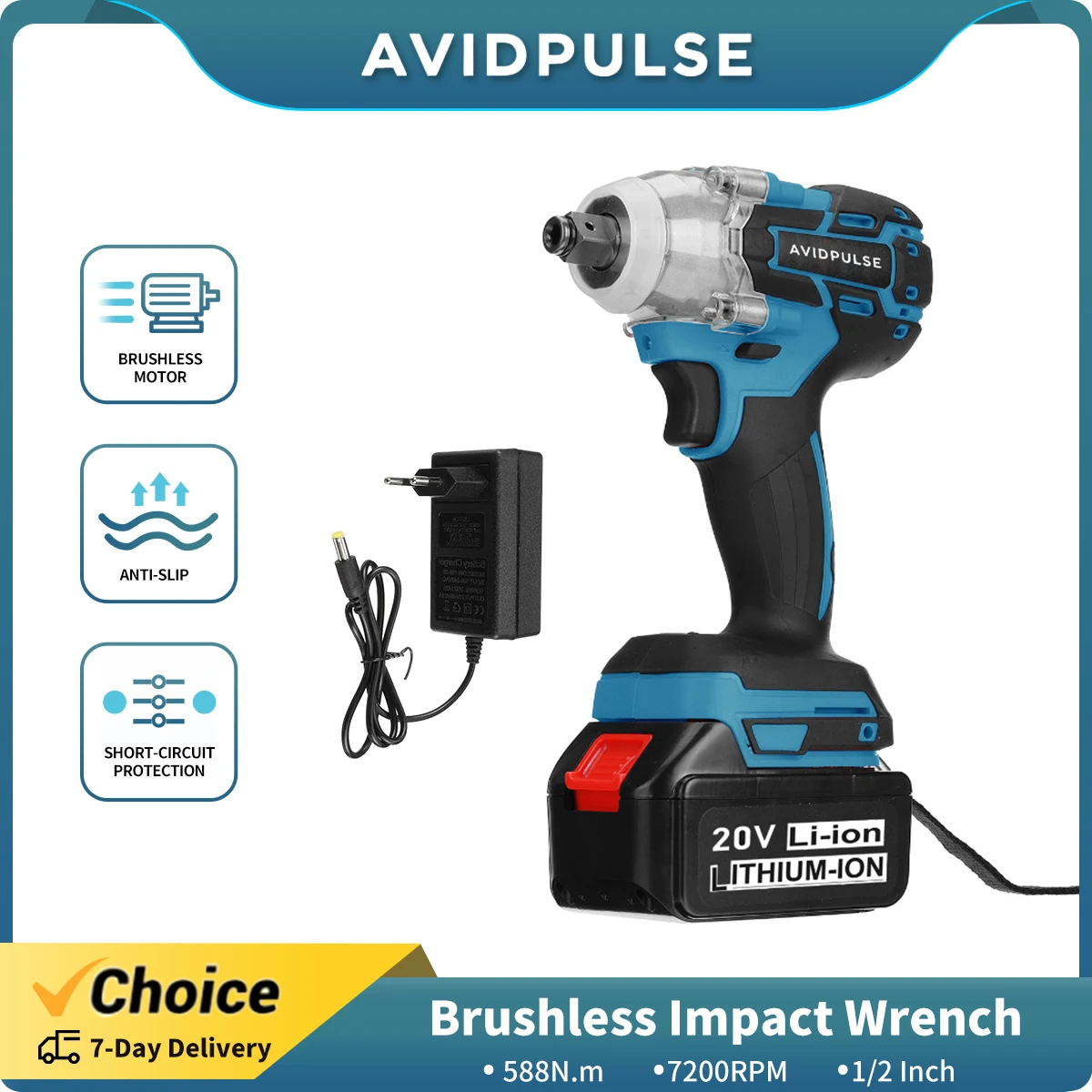 AvidPulse 588N.M 1/2 inch Brushless Electric Impact Wrench Cordless Electric Wrench Rechargeable for 18V Battery Screwdriver Pow