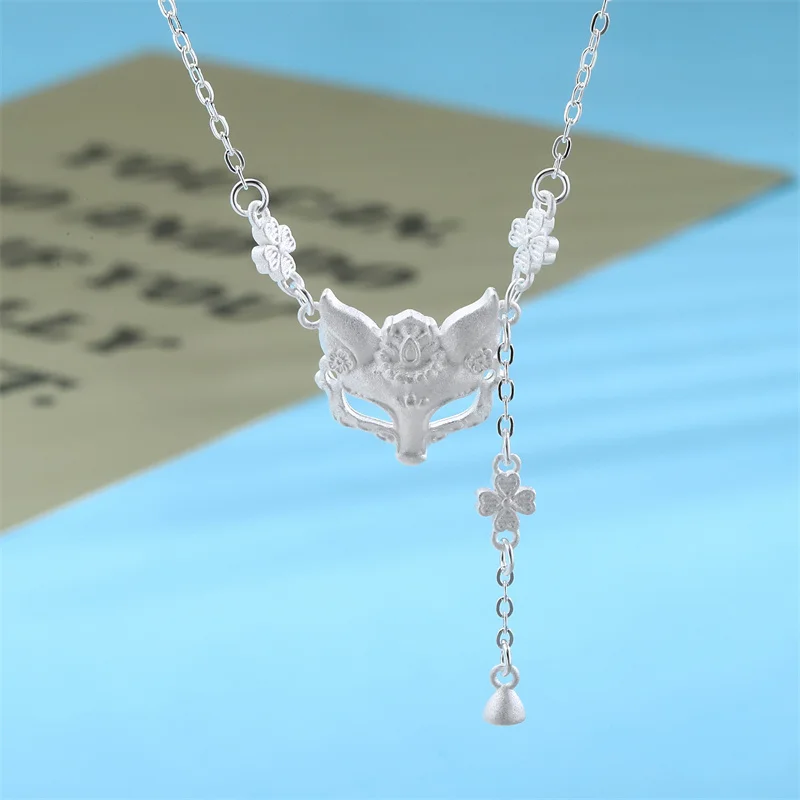 

999 Fine Silver Spirit Fox Mask Necklace - Korean Japanese Style, Valentine's Day Jewelry Gift for Fashion Women