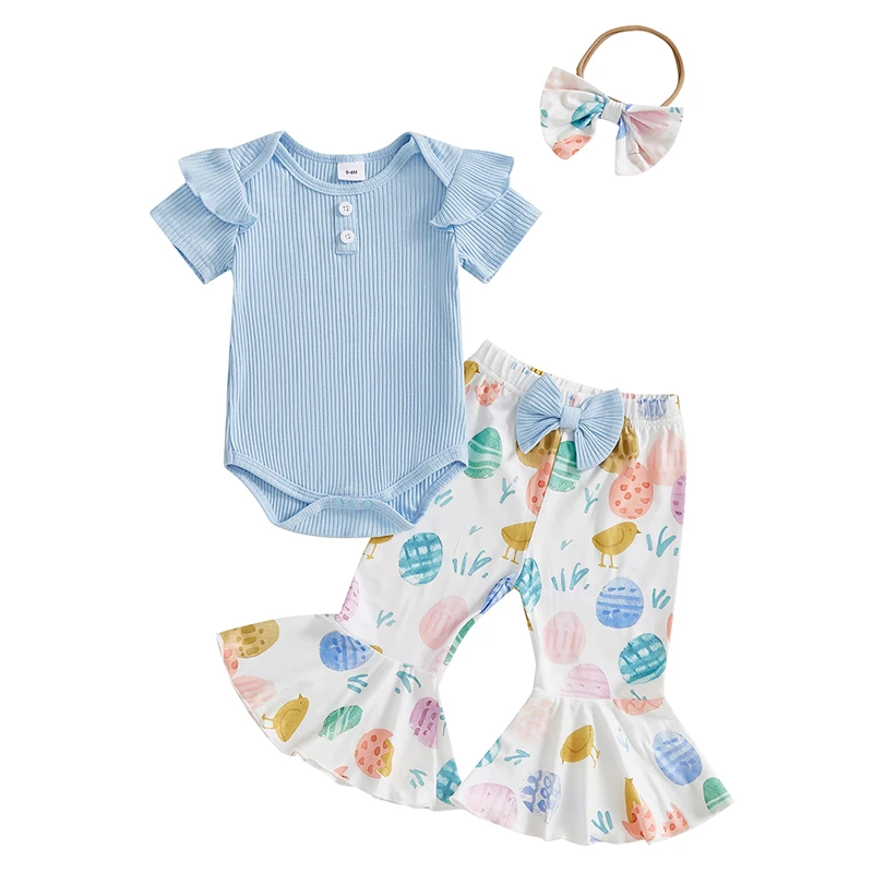 Baby Girls Summer Outfit Round Neck Short Sleeve Romper with Bunny/Eggs Print Flare Pants and Bowknot Headband Easter Outfit