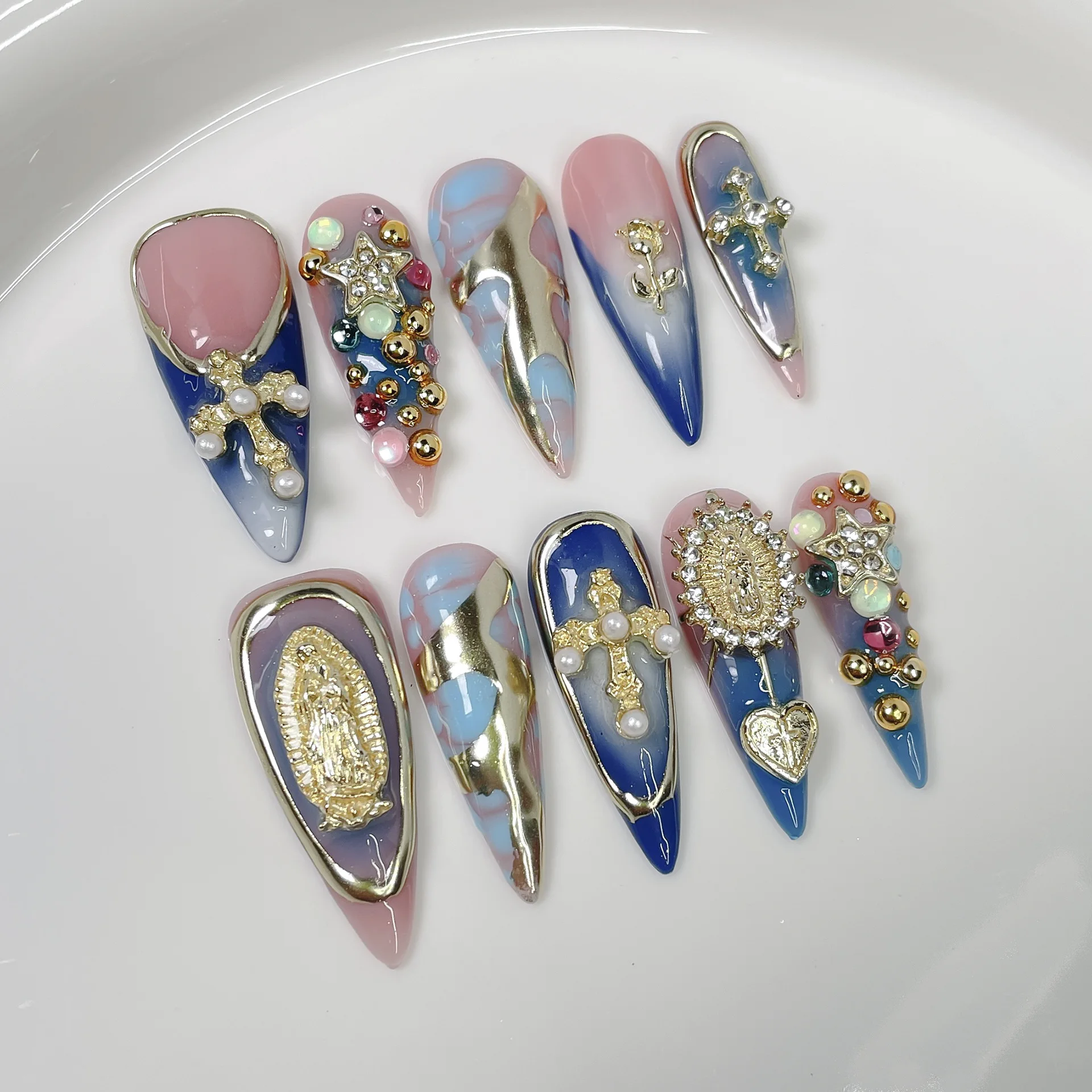 

10Pcs Long Stiletto Handmade Press on Nails Retro Fake Nails with 3D Decoration False Nail 네일팁 Накладные Ногти Uñas Postizas