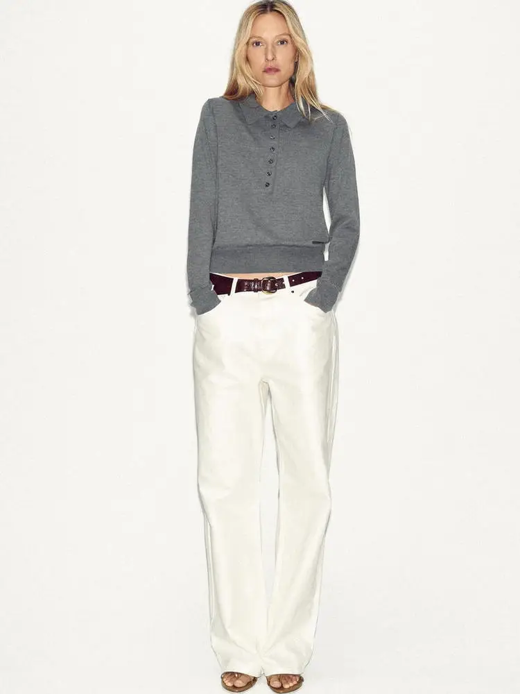 เสื้อสเวตเตอร์ถักไหมพรมสีพื้นเรียบง่าย สไตล์แฟชั่น ฤดูใบไม้ผลิ 2026 สำหรับผู้หญิง ทรงเข้ารูป แขนยาว สไตล์ลำลอง