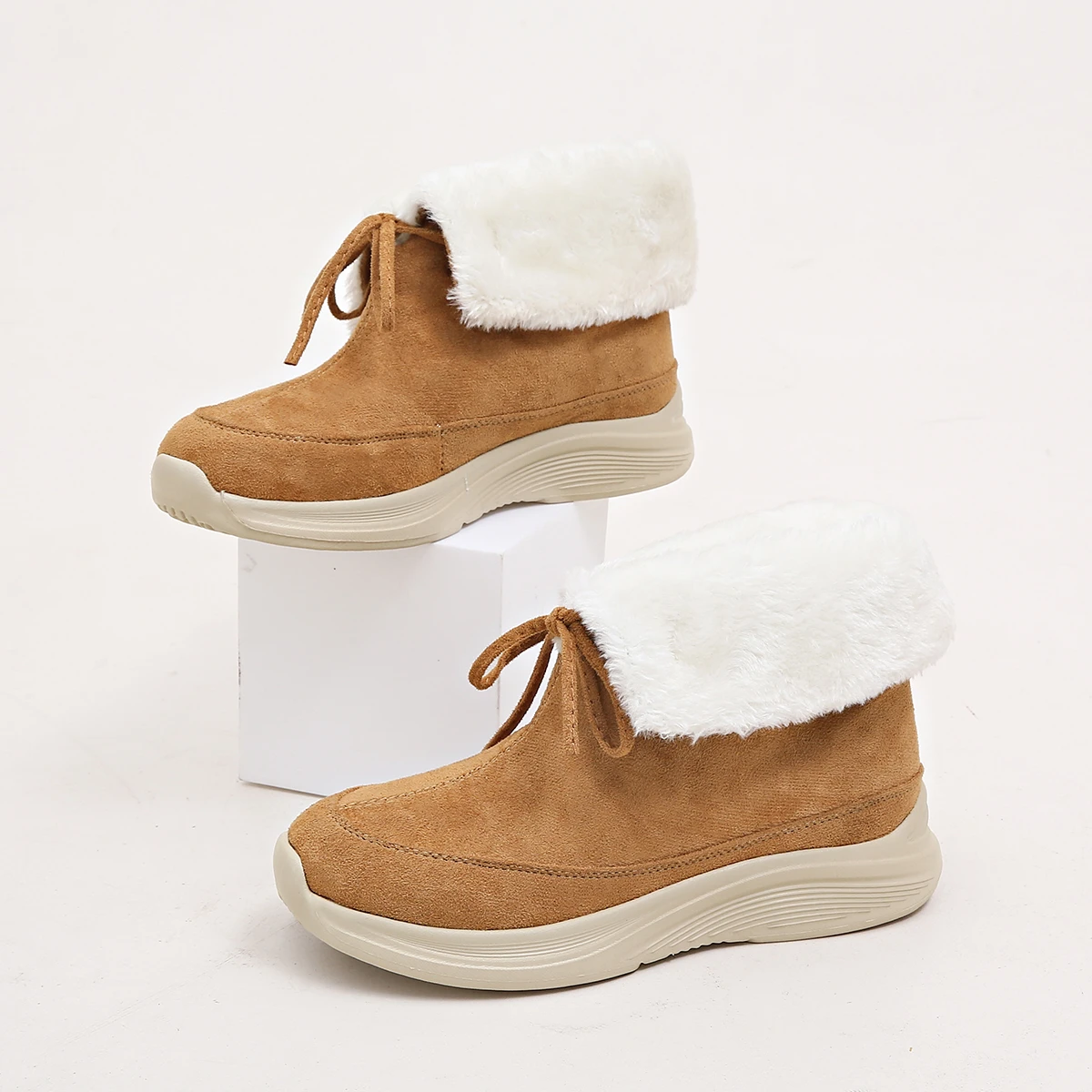 

Designer Style Woman Winter Wool Fleece Snow Boots Ladies Bowknot Lace Up Ankle Fur Booties Female Thick Plush Casual Botas