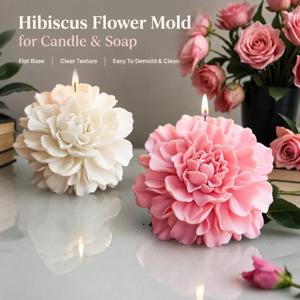 Hibiscus Flower Mold for Candle & Soap Flat Base Clear Texture Easy To Demold & Clean DIY Aromatherapy/Decoration Essential