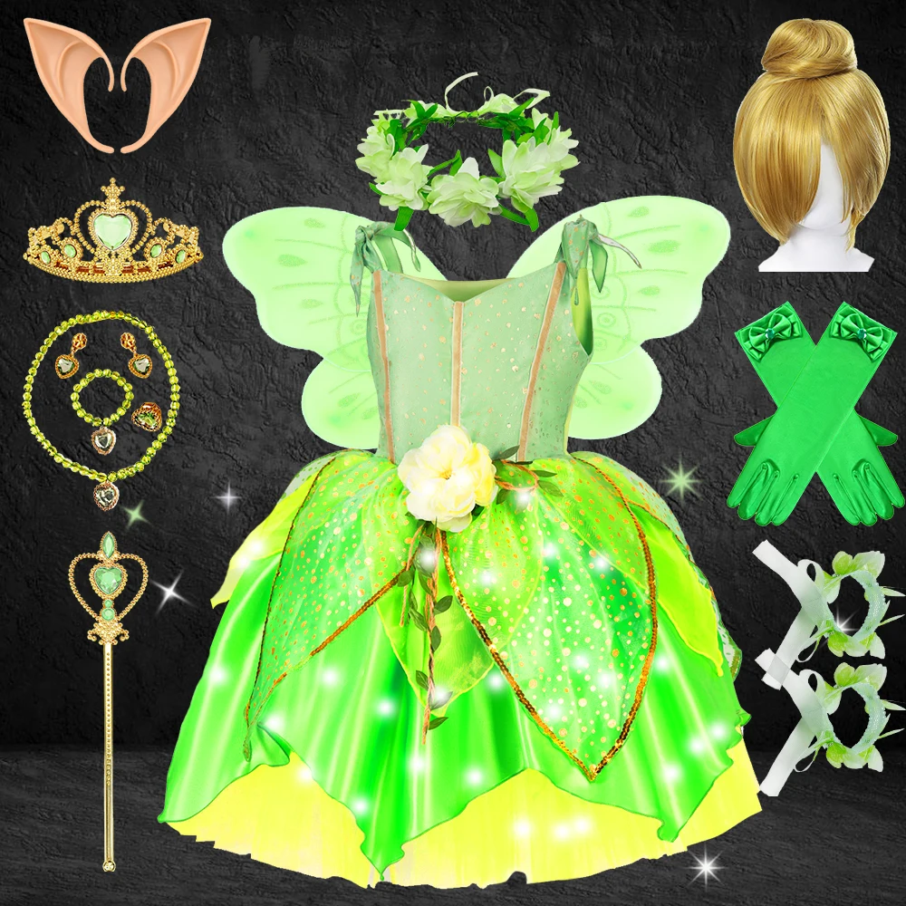 2023 Halloween Carnaval Criança Tinker Bell Traje Cosplay Festa de Aniversário LED Luz Fantasia Fada Vestido Verde Luminoso Elf Dress Up