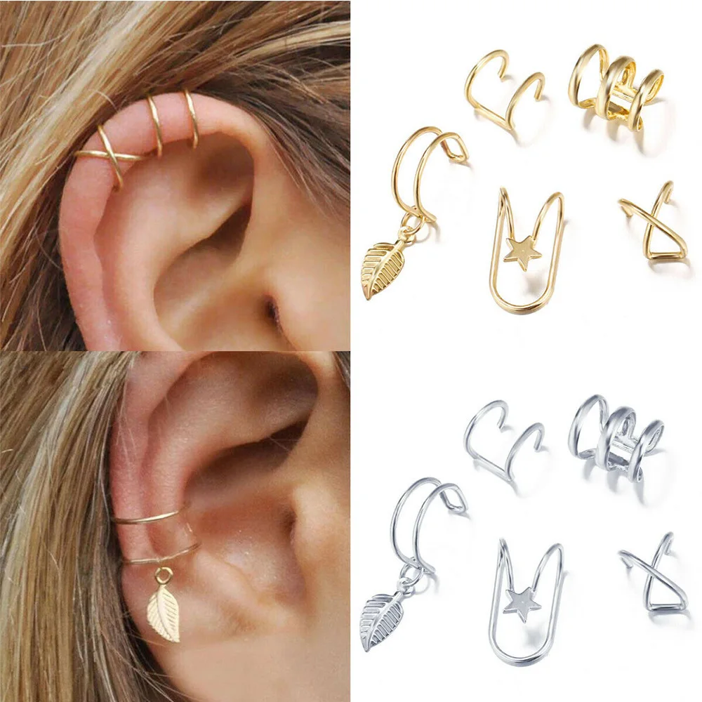 5Pcs/Lot Clip On Earring Golden Leaves Non-Piercing Ear Jewelry For Women Men Wholesale Girl Gifts