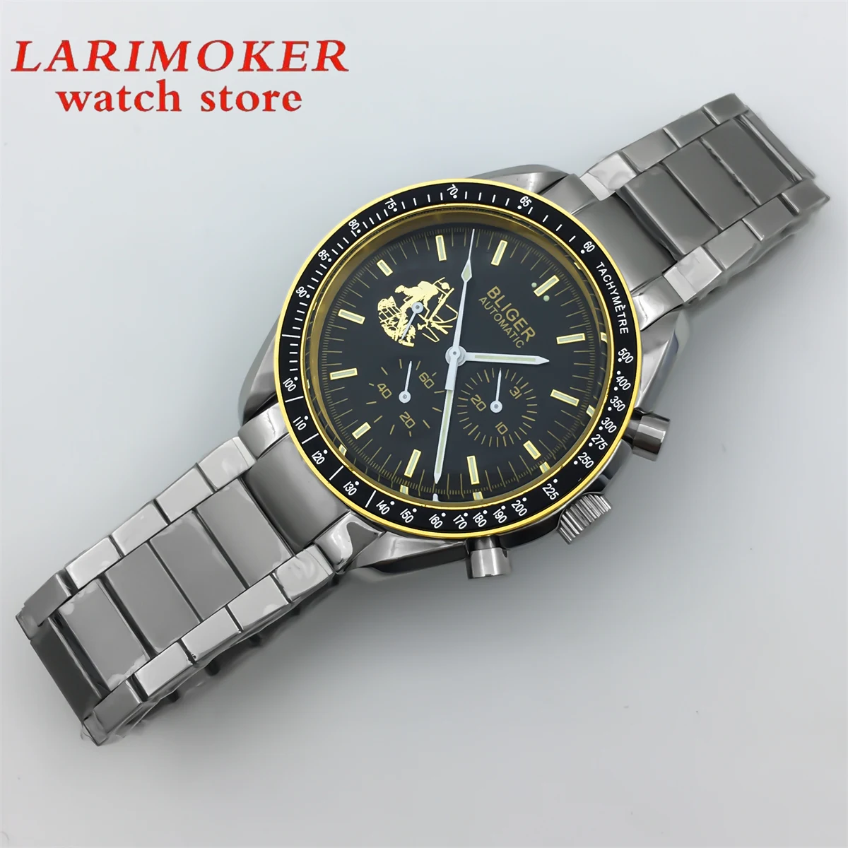 BLIGER40mm 기계식 자동 시계 표시 돔 유리 스틸 팔찌 남성용, 10ATM 방수 기계식 시계