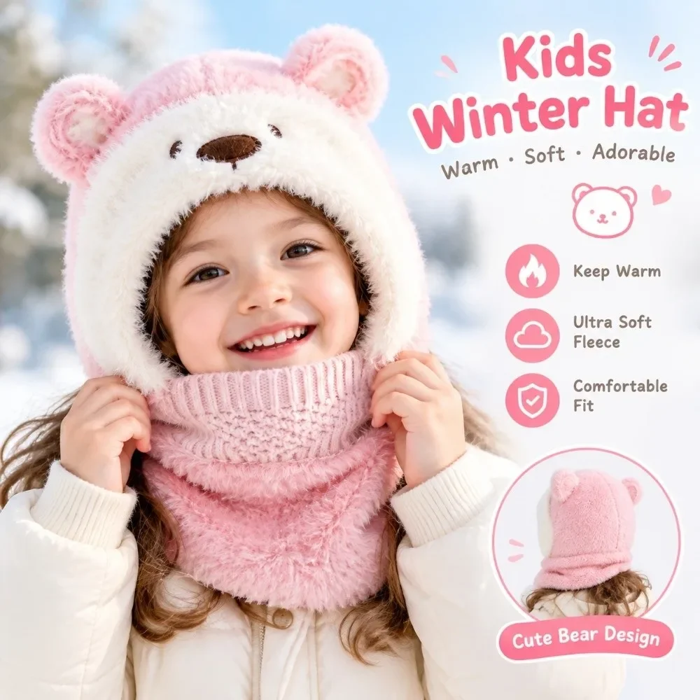 Polyester Kids Bear Hat Scarf Set Ear Protection Windproof Integrated Scarf Mask Face Covering 46-52CM Winter Hat Set