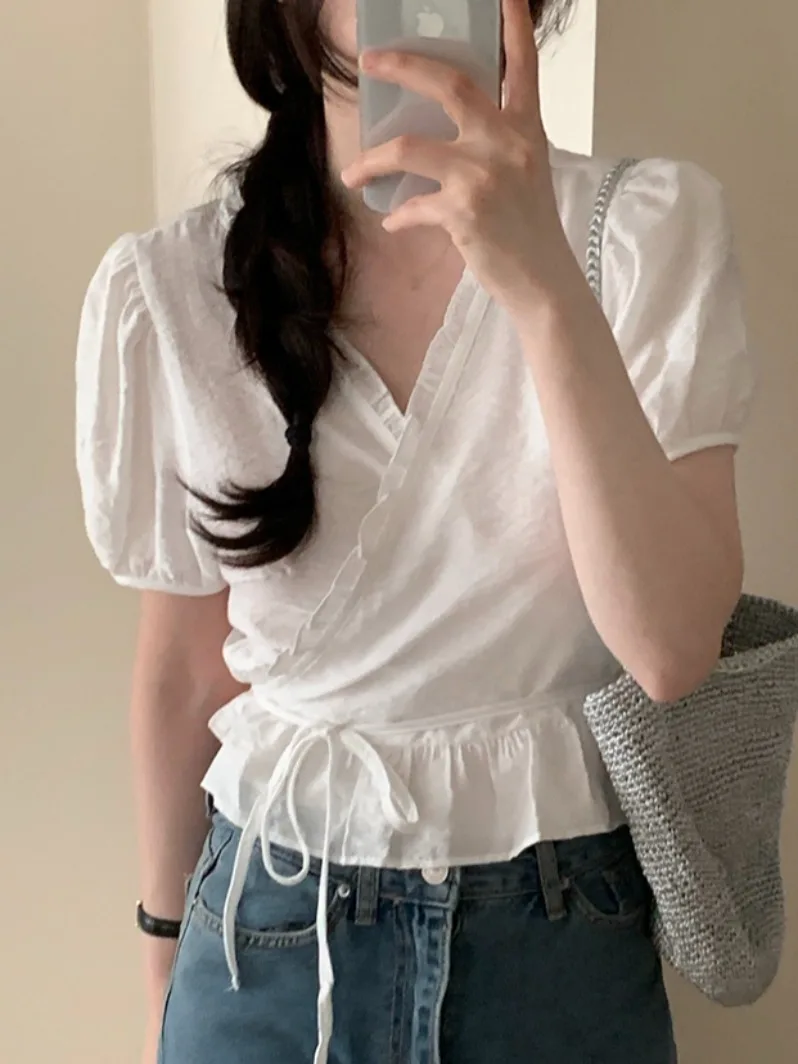 

Summer Women's Slim Fit irt V-Ne Bubble Sve Top Crossed Waist-Cinching Belted Flounce Hem Korean Sle ort Sve