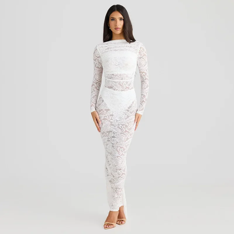 Chaxiaoa See Through Lace Sexy Maxi Dress for Women Sheer Long Sleeve Backless Bodycon Evening Sexy Club Party Long Dress