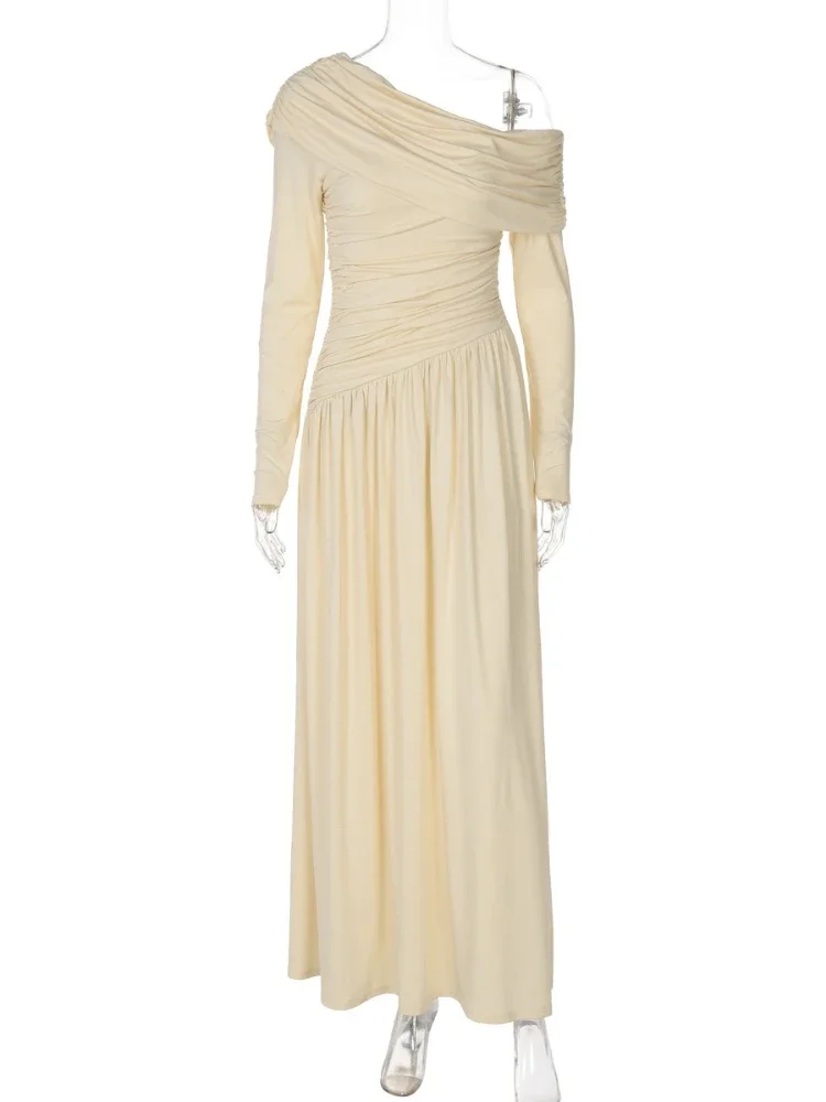 Femme vêtements col diagonale irrégulière longue robe Maxi 2025 automne femme froncé tuniques taille haute solide fête robes de soirée