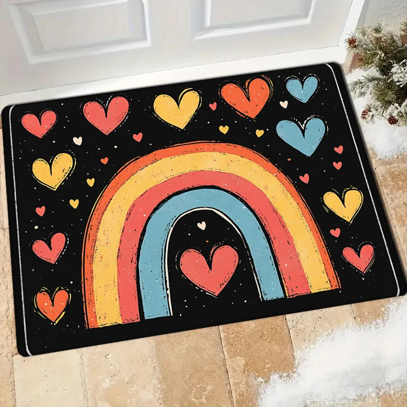 ممسحة سميكة من الفلانيل لعيد الحب - تصميم قوس قزح وقلوب، حصيرة منطقة ماصة غير قابلة للانزلاق للمدخل والمطبخ، #5