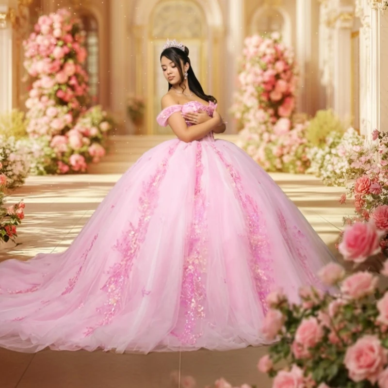 

Pink Shiny Quinceanera Dresses Ball Gown Off The Shoulder Sequin Applique Flower Beading Crystal Corset Tull Sweet 16 Dress Vest