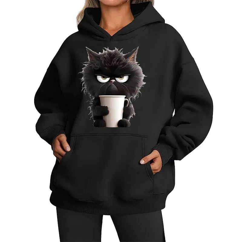 Funny Cat New Women's Hooded Sweatshirt for Autumn/Winter Casual Hooded Sweatshirt T-shirt Solid Patchwork Top
