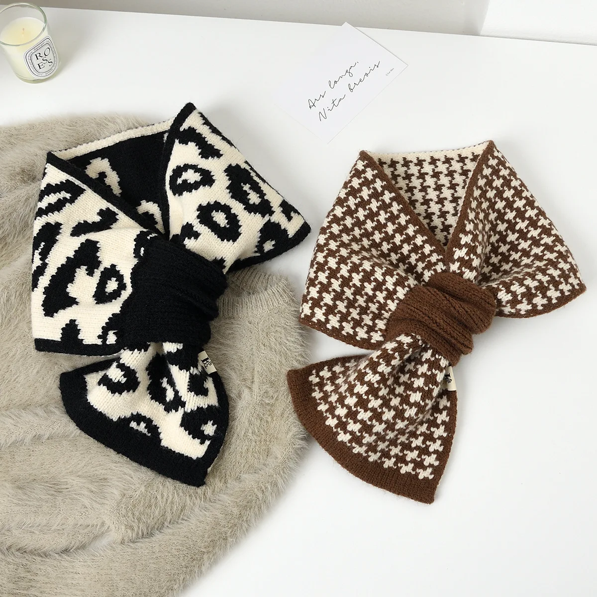 

small scarf female versatile warm Internet celebrity chic knitted wool cross scarf autumn winter new