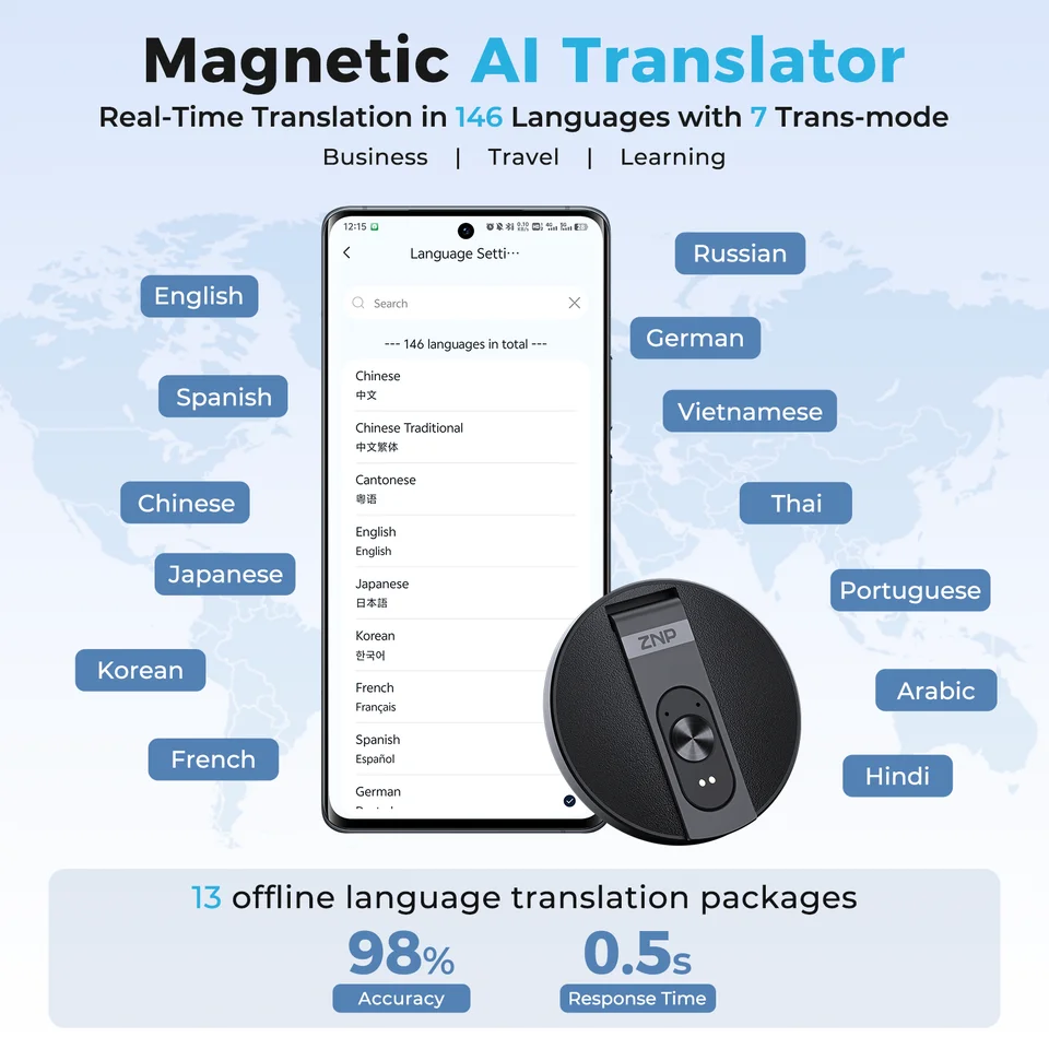 Wireless Bluetooth AI Voice Translator ZNP Magnetic Ultra-thin 150