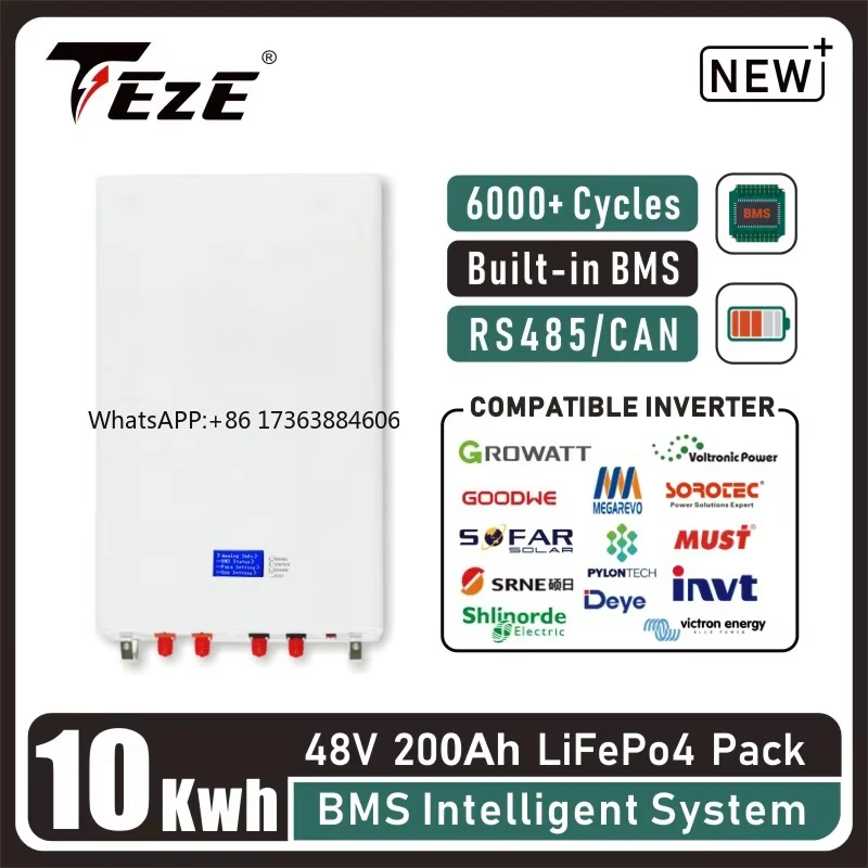 

Аккумулятор LifePo4 PowerWall 10 кВт·ч 48В 200А·ч со встроенной BMS, CAN, RS485, для солнечных систем хранения энергии, 51.2В, перезаряжаемая ячейка