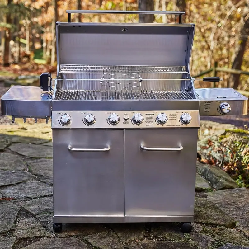 Model 77352 6 1 Burner Propane Gas Grill Stainless Steel Cabinet Side Burner Knob Control Built In Thermometer Outdoor BBQ
