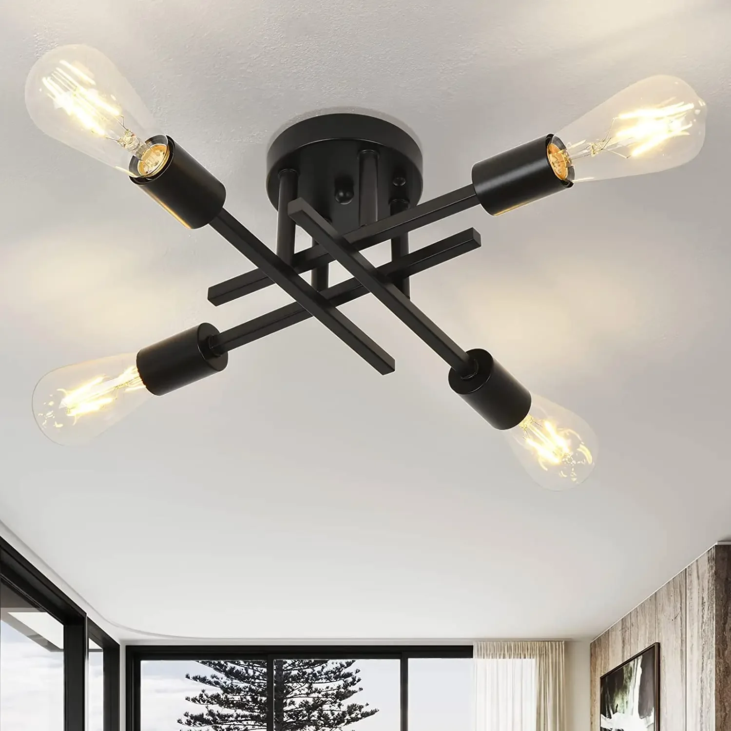 Modern Semi Flush Mount Chandelier Black Ceiling Lights Fixture Modern Sputnik Chandeliers Mid Century Close to Ceiling Lighting