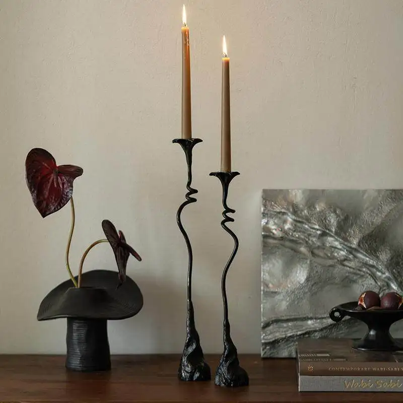 

Wabi Sabi Iron Candle Holder Creative Twisted Petal Candlestick Vintage Black Modern Home Decor Living Room Tabletop Centerpiece