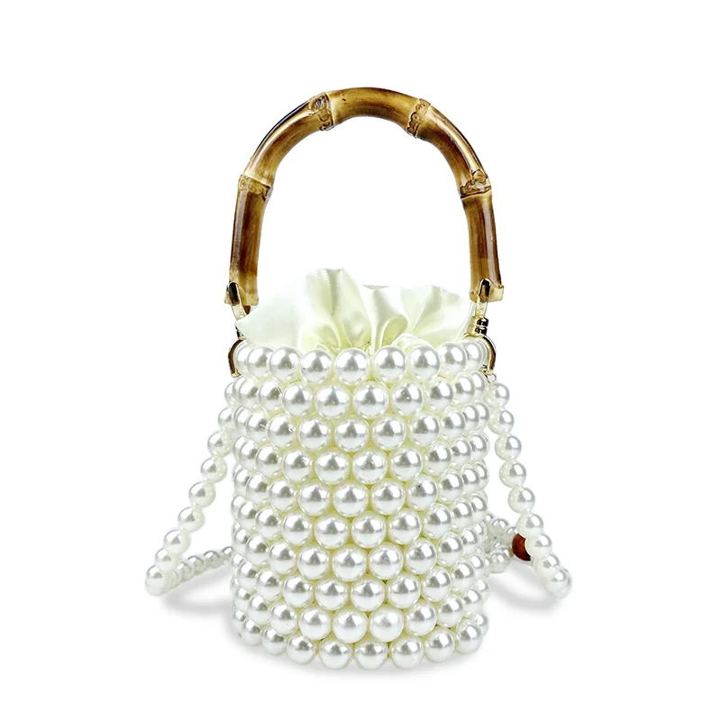 2024 New Product Network Red Bamboo Knot Handle Bag Pearl Chain Mini Bucket Bag