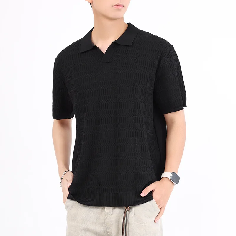 Men's summer ice silk jacquard retro knitted polo shirt short sleeved American casual versatile light mature solid color T-shirt