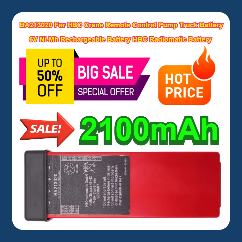 2100mAh BA213020 For HBC Crane Remote Control Pump Truck Battery 6V Ni-Mh Rechargeable Battery HBC Radiomatic Battery